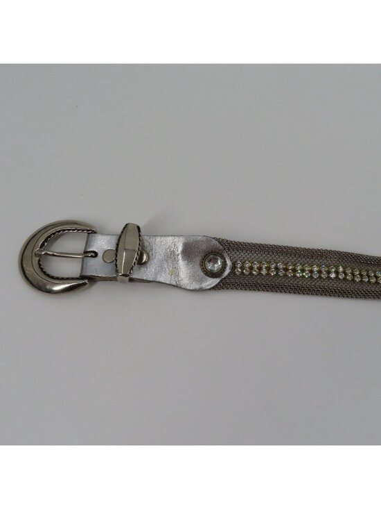 Sand Castle Womens Silver Tone Leather Metal Mesh Studded Rhinestone Belt VTG main image 16